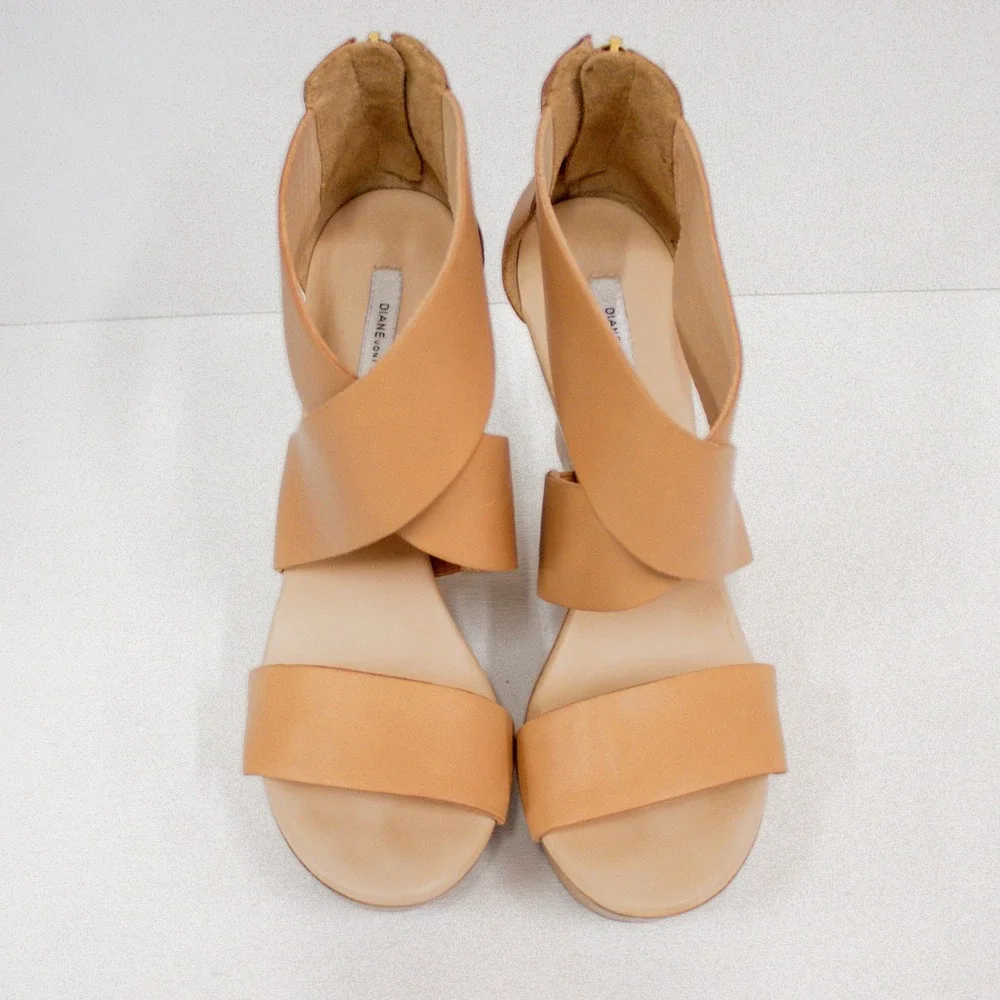 Diane von Furstenberg Opal Wedge Sandals Tan Leather Wooden Heels Women's Size 8